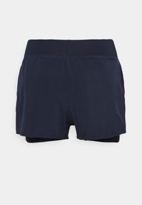 Pantaloncini sportivi blu navy con una larga fascia elastica in vita e uno strato interno di compressione nero visibile all'orlo.