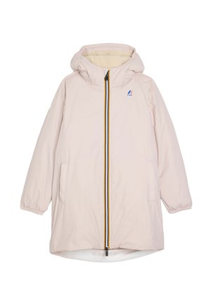 Veste rose longue rembourrée avec une capuche, dotée d'une fermeture éclair à l'avant, de deux poches latérales et d'une accentuation jaune le long de la fermeture éclair. Doublure intérieure douce.
