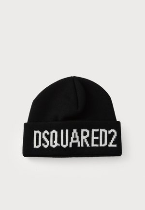Black knit beanie with a fold-over cuff, featuring "DSQUARED2" in contrasting white text. Soft texture, rounded shape.