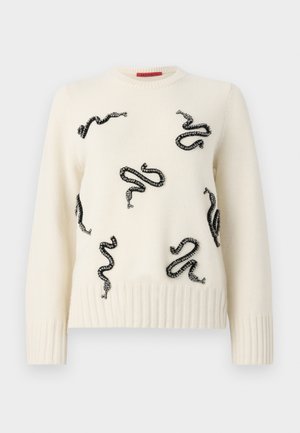 Cream sweater featuring black, beaded snake motifs throughout. Ribbed hem and cuffs add texture; crew neckline. Soft knit material.