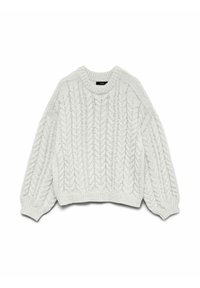 Weißer Strickpullover mit einem Zopfmuster, rundem Ausschnitt und langen Ärmeln mit gerippten Bündchen und Saum.