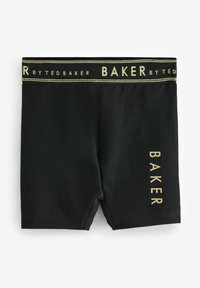 Sorte bomuldsshorts med et guld-accentueret liv, hvor "BAKER" er trykt på siden. Designet er enkelt og tætsiddende.