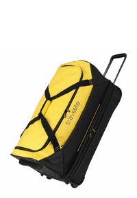 Borsa da viaggio a duffel gialla e nera con ruote, cinturini regolabili, zip, angoli rinforzati e una robusta maniglia retrattile.