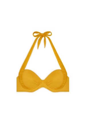Yellow bikini top featuring a halter neck design with ties, molded cups, and textured straps. Smooth fabric with minimal accents.