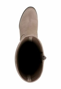 Suede ankle boot with a rounded toe, soft beige color, smooth texture, and a zipper detail on the outer side of the shaft.