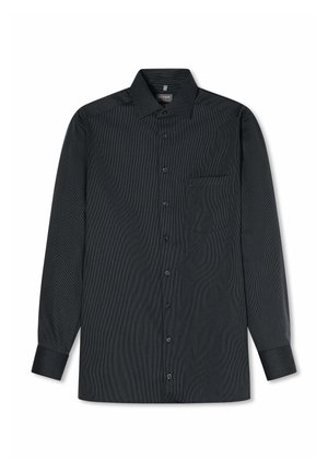 Zwarte textuur lange mouwen blouse met knopen, een puntige kraag en een borstzak, plat weergegeven op een witte achtergrond.