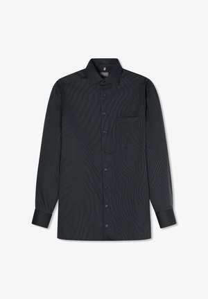 Zwarte textuur lange mouwen blouse met knopen, een puntige kraag en een borstzak, plat weergegeven op een witte achtergrond.