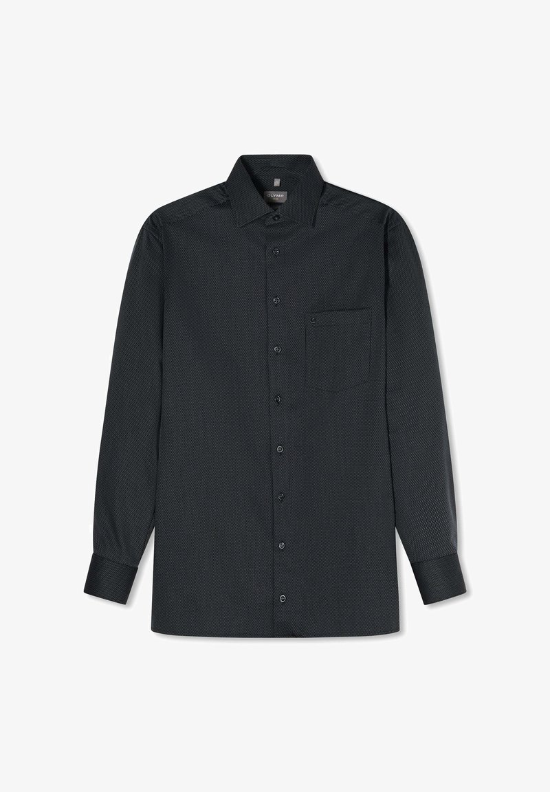 Schwarzes, strukturiertes Langarm-Hemd mit Knopfleiste, spitzem Kragen und Brusttasche, flach auf weißem Hintergrund präsentiert.