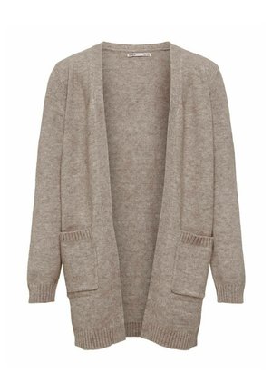 Cardigan beige en maille douce avec un devant ouvert, des manches longues et deux poches avant. Poignets et bas en côtes.
