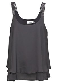 Blouse noire sans manches à couches avec bretelles ornées, col rond, et étiquette de marque "ONLY" taille 36 à l'intérieur du col.