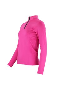 Athletische top met lange mouwen in felroze, gemaakt van glad, rekbaar materiaal. Heeft een hoge kraag en een ritssluiting van een kwart lengte aan de voorkant.