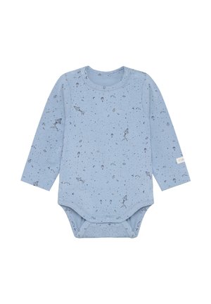 Lichtblauw babyrompertje met lange mouwen en print in ruimtethema, inclusief raketten, sterren, manen en planeten, met drukknopen onderaan.