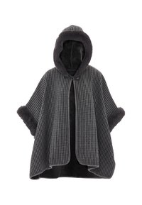 Harmaa houndstooth-poncho, jossa on huppu, tekoturkistarvikkeet ja vuori, avoin etuosa sekä leveät hihat. Pehmeä rakenne.