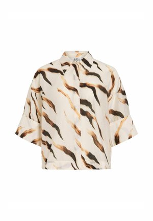 Bluza cu mâneci scurte și guler, cu un model abstract cu dungi ondulate negre și maro pe un fundal bej.