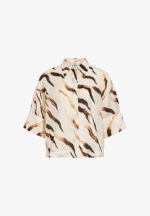 Bluza cu mâneci scurte și guler, cu un model abstract cu dungi ondulate negre și maro pe un fundal bej.