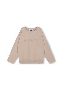 Beige sweater met een ronde hals, lange mouwen en een ontspannen pasvorm. Kenmerkt geborduurde tekst "10 DAYS" aan de voorkant en een geribde zoom.