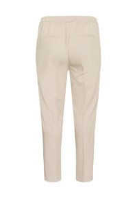 Beige pants with a smooth texture, featuring an elastic waistband, straight legs, and two back pockets. No visible patterns or hardware.