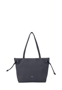 Dark gray tote bag made of fabric, featuring two shoulder straps, drawstring closures, and a small logo on the front.