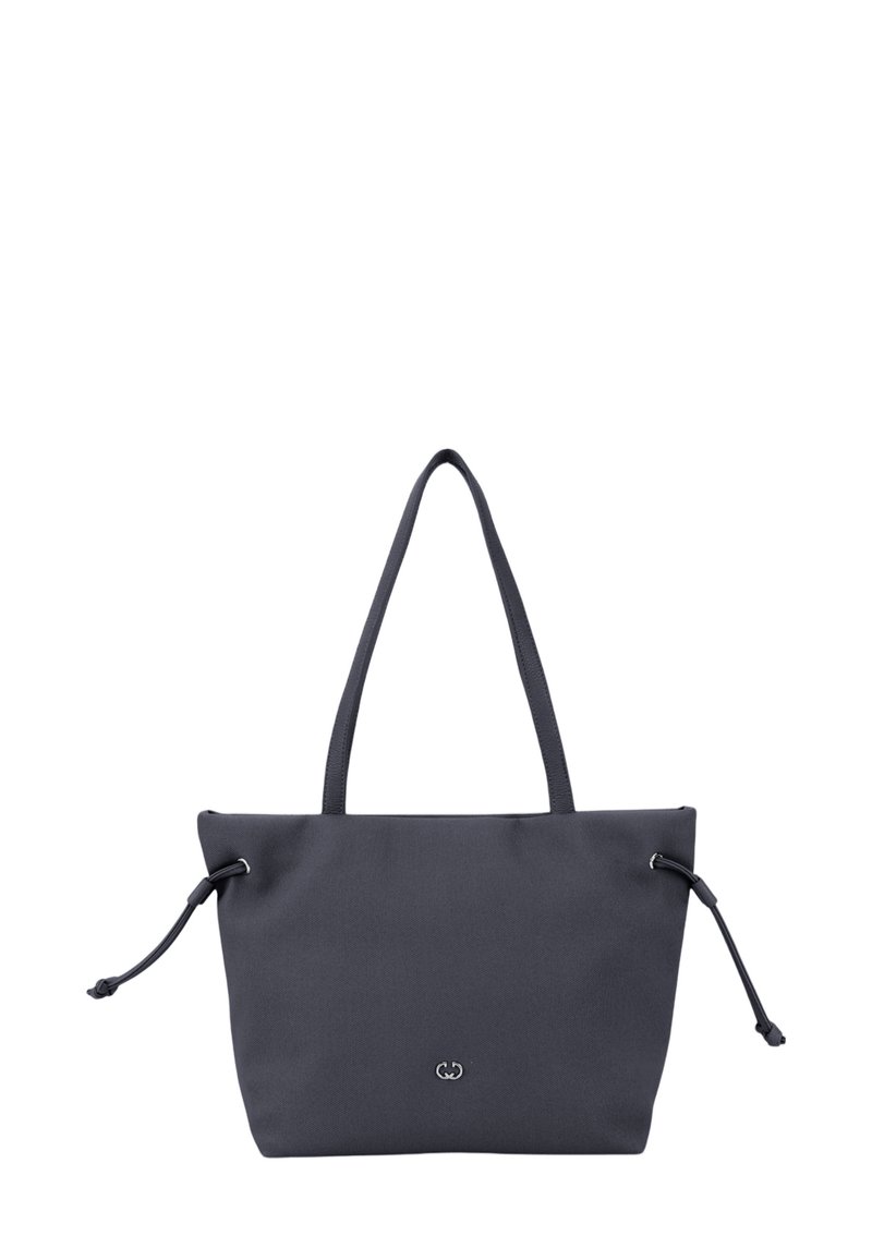 Dark gray tote bag made of fabric, featuring two shoulder straps, drawstring closures, and a small logo on the front.