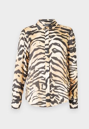 Camisa abotonada con estampado de tigre en tonos negros y beige, que cuenta con cuello, mangas largas y tela suave y ligera.