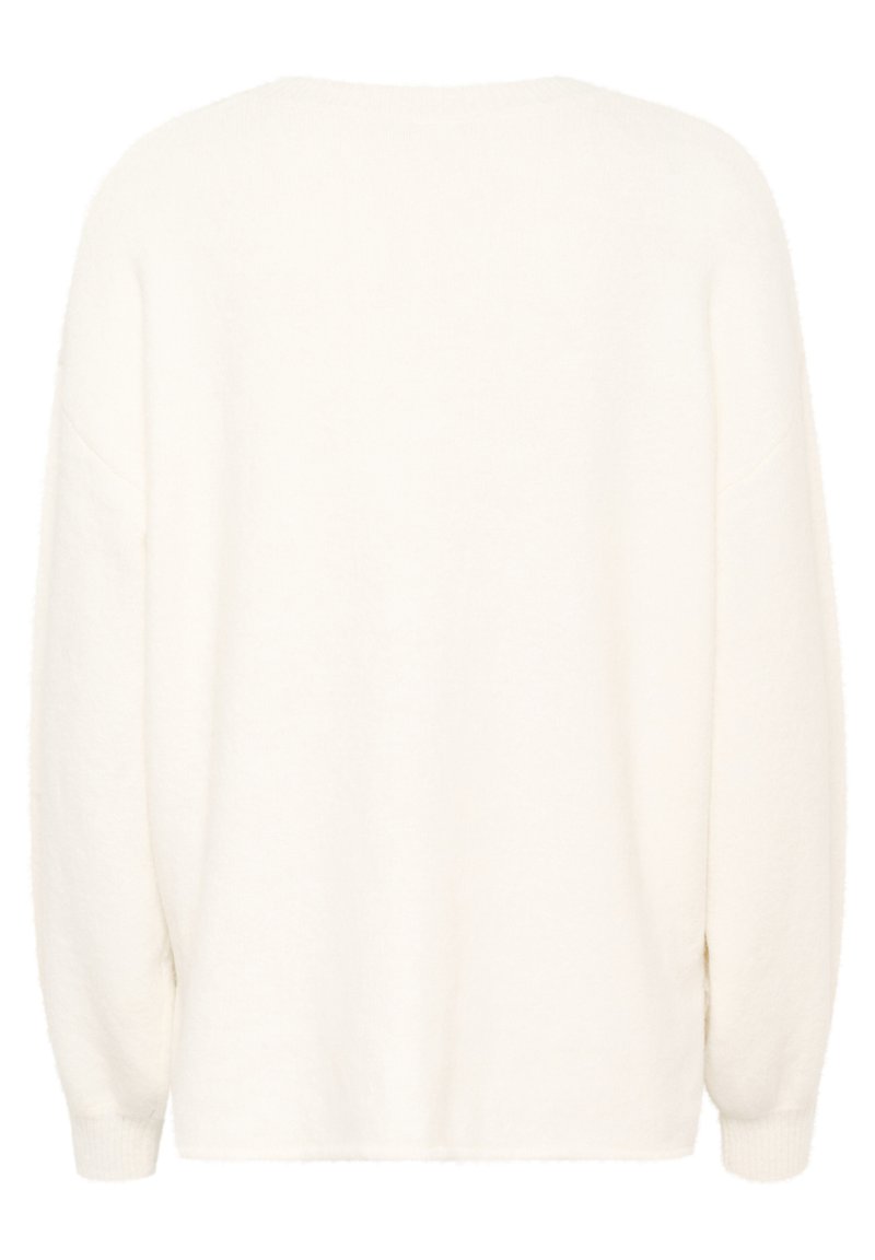 Maglione a maglia color crema con vestibilità rilassata, spalle scese e maniche lunghe. Texture morbida con una finitura liscia.