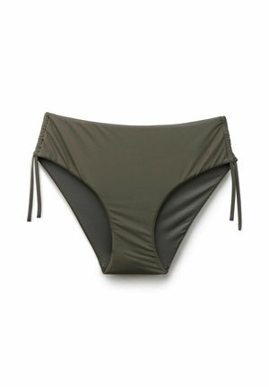 Bas de bikini taille haute vert olive avec liens latéraux réglables et tissu lisse et extensible.
