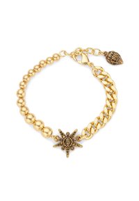 Bracciale in oro con perle sferiche e design a catena, accentuato da un ciondolo a forma di stella con dettagli intricati e chiusura a gancio.