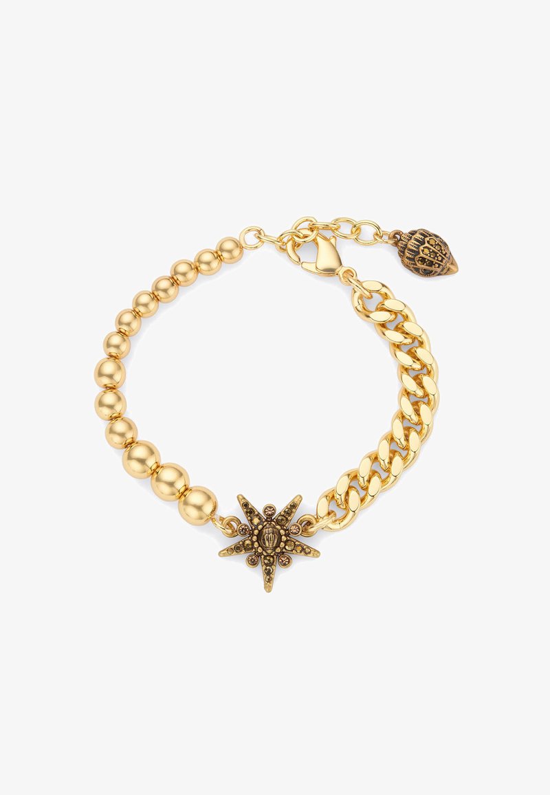 Bracciale in oro con perle sferiche e design a catena, accentuato da un ciondolo a forma di stella con dettagli intricati e chiusura a gancio.