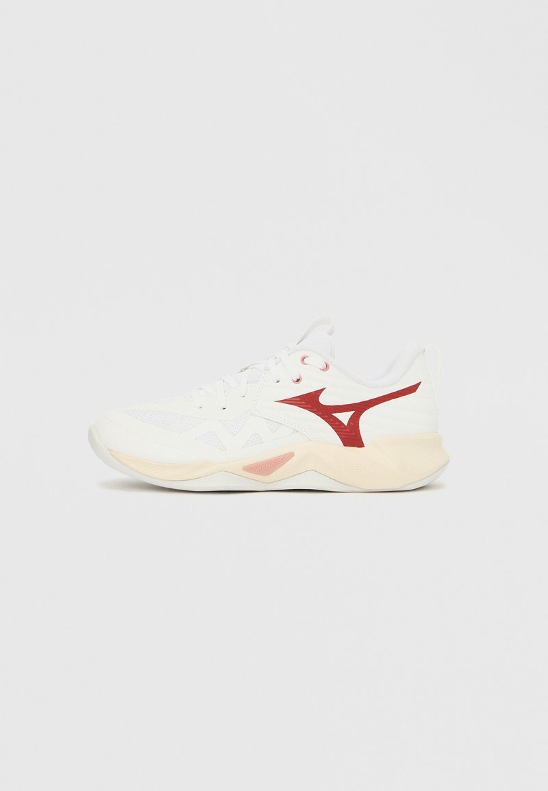 White athletic shoe with red accents, mesh upper, textured design, flat rubber sole, and lace-up closure. Features logo on the side.