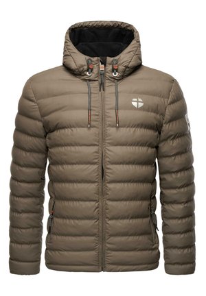Brown puffer jacket with a hood, zip front closure, and drawstring. Features horizontal quilting, side pockets, and a logo on the chest.