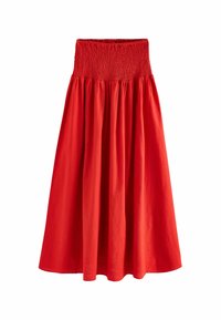 Gonna rossa a metà coscia con vita arricciata, caratterizzata da un design fluido e una superficie liscia. Realizzata in tessuto leggero.