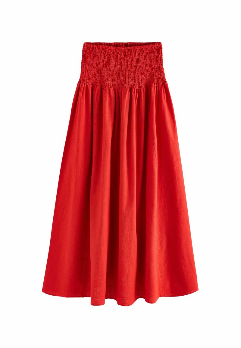 Gonna rossa a metà coscia con vita arricciata, caratterizzata da un design fluido e una superficie liscia. Realizzata in tessuto leggero.