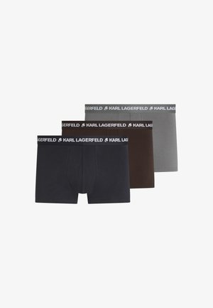 Ensemble de boxers en noir, marron et gris. Fabriqués en tissu doux avec une ceinture élastique portant le logo Karl Lagerfeld en blanc.