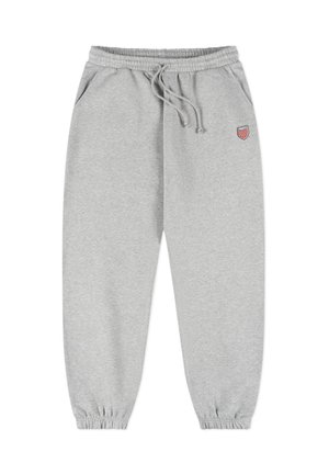 Szare spodnie dresowe z bawełnianej mieszanki, z elastycznym pasem z ściągaczem, bocznymi kieszeniami oraz małym logo na lewym udzie.