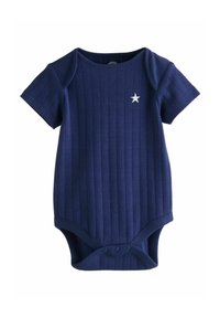 Navyblå kortärmad body med ribbad textur och en vit stjärna som accent på bröstet. Har tryckknappar i botten för enkel påklädning.