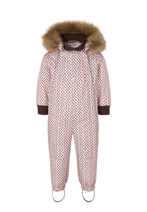Pink vinterdragt til småbørn med sort dråbemønster, brune manchetter, hætte med kunstpelskant og elastiske fodstropper.