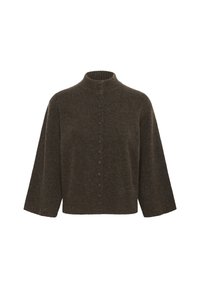 Sötétbarna gyapjú pulóver magas bordás nyakkal, hosszú, széles ujjal és egy függőleges sor kis texturált gombocskával az elején.