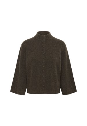 Temno rjav volnen pulover z visokim rebrastim ovratnikom, dolgimi širokimi rokavi in vertikalnim nizom majhnih teksturiranih kroglic na sprednji strani.