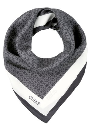Vierkante sjaal met donkergrijs patroon van in elkaar grijpende letters, witte en zwarte gestreepte randen en "GUESS" logo in één hoek.