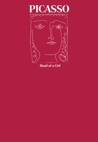Abstraktní bílé liniové kresbě tváře dívky s spirálovitými očima a kudrnatými vlasy na tmavě červeném pozadí, nazvané "Picasso: Hlava dívky."
