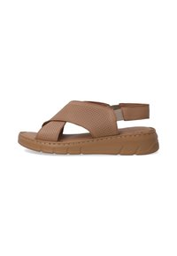 Braune Sandalen mit durchlässigem Lederobermaterial, Kreuzriemen-Design, elastischem hinterem Riemen und profiliertem Gummisohle für besseren Halt.