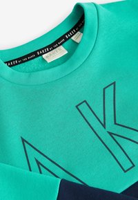 Bomulds-sweatshirt i teal med marineblå ærmer. Har store sorte bogstaver "AK" trykt på forsiden. Ribbet rund hals, blød tekstur.
