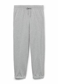 Gray sweatpants with elastic waistband and drawstring, featuring tapered cuffs, made from soft, breathable cotton blend fabric.