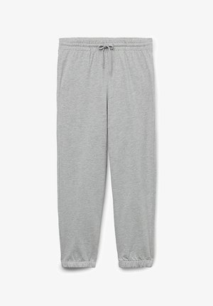 Šedé tepláky s elastickým pasem a šňůrkou, s zúženými manžetami, vyrobené z měkké, prodyšné směsi bavlny.