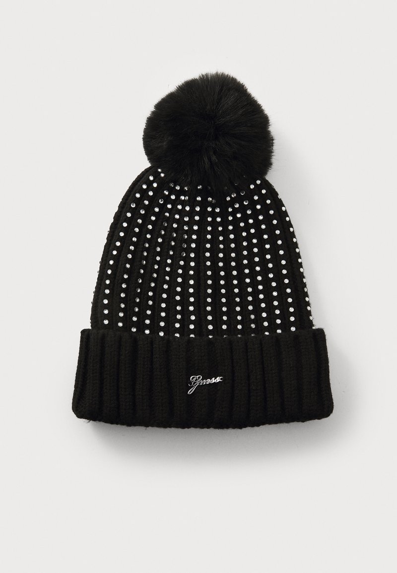 Schwarze Strickmütze mit silbernen Strasssteinen in einem gestreiften Muster, gekrönt mit einem schwarzen Kunstfell-Pompon. Gerippter Saum mit Logo-Detail.
