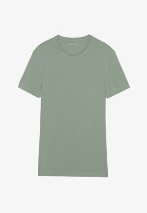 Camiseta de manga corta verde claro hecha de tejido suave. Presenta un escote redondo y detalles de costura mínimos. Diseño sencillo, sin patrones.