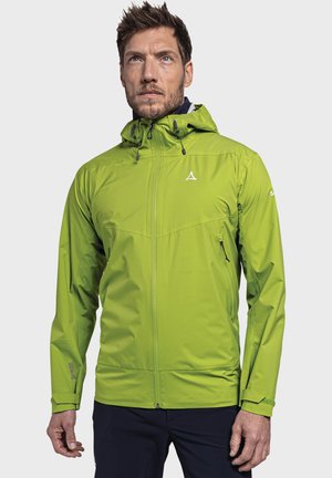 Grüne wasserdichte Jacke mit Reißverschluss, verstellbarem Kapuzenkragen und Seitentasche. Verfügt über eine glatte Textur und minimalistische Designelemente.