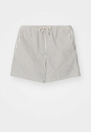 Stripede svømmeshorts i lys beige og grå. Elastisk liv med snor, to sidelommer og middels lengde til lårene.