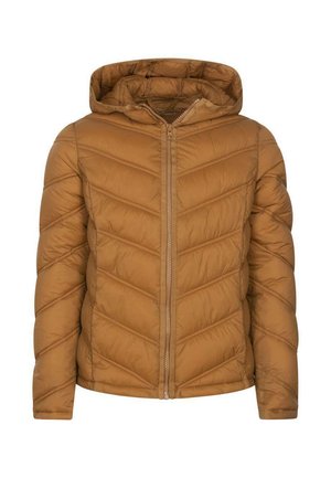 Veste matelassée marron à capuche avec fermeture éclair avant et motif de couture diagonale, présentée sur fond blanc.