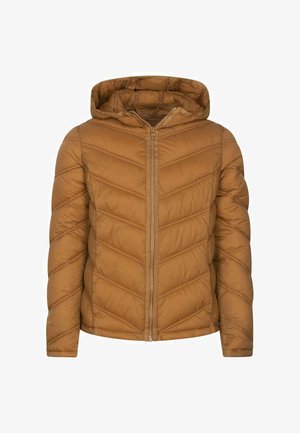 Veste matelassée marron à capuche avec fermeture éclair avant et motif de couture diagonale, présentée sur fond blanc.
